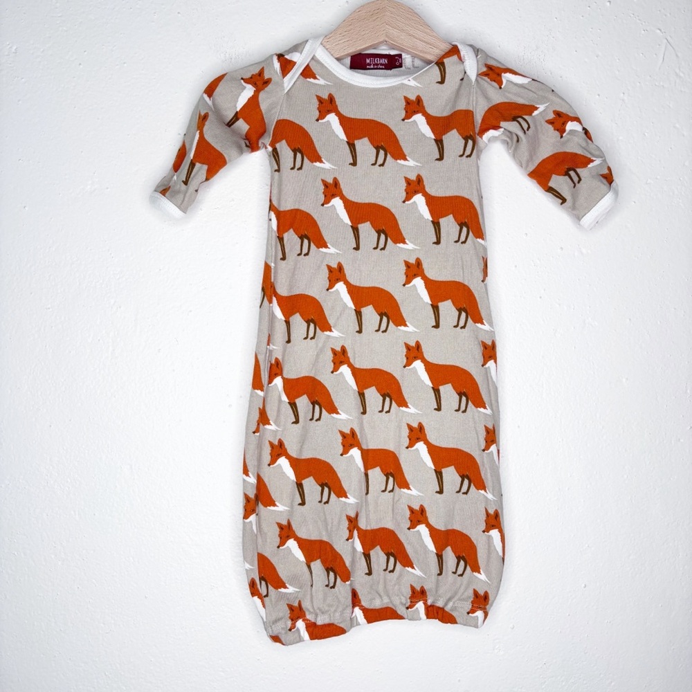 MilkBarn Organic Cotton Fox Print Baby Sleeping Gown Size 0-3M EUC